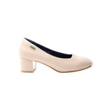 MOODBOARD Santa Barbara ladies beige block heel pump with a rounded toe and metallic side logo detail.