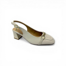 MOODBOARD beige leather slingback pumps with a block heel and gold-tone horsebit hardware detail.