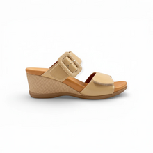 MOODBOARD beige wedge sandals with dual wide straps, oversized buckles, and a textured heel for women.