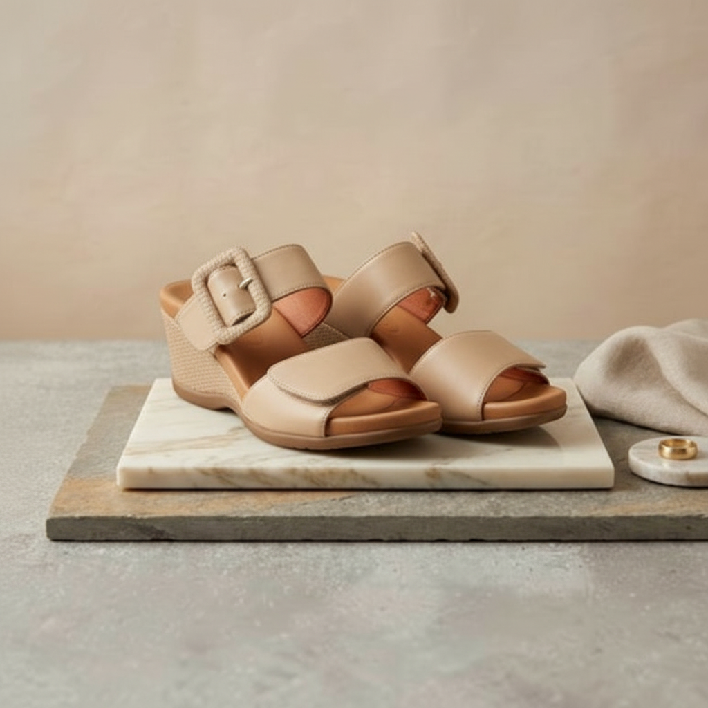 MOODBOARD beige wedge sandals by Santa Barbara Polo & Racquet Club featuring dual wide straps and statement buckles.