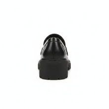 Back view of MOODBOARD Beira Rio black synthetic loafers with a chunky platform sole and cushioned heel.