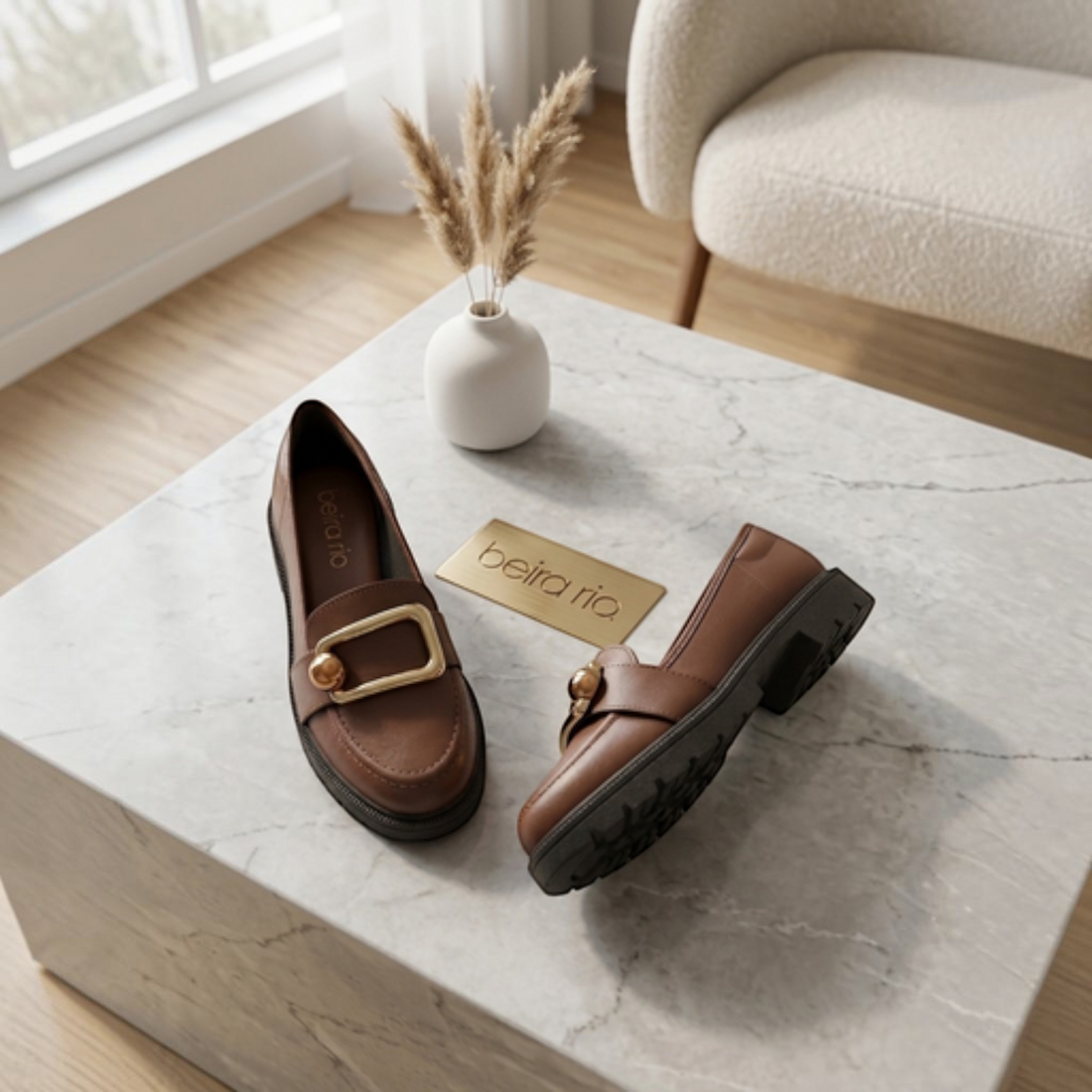 MOODBOARD Beira Rio brown synthetic loafers with gold buckle detail and tractor sole on a marble table.