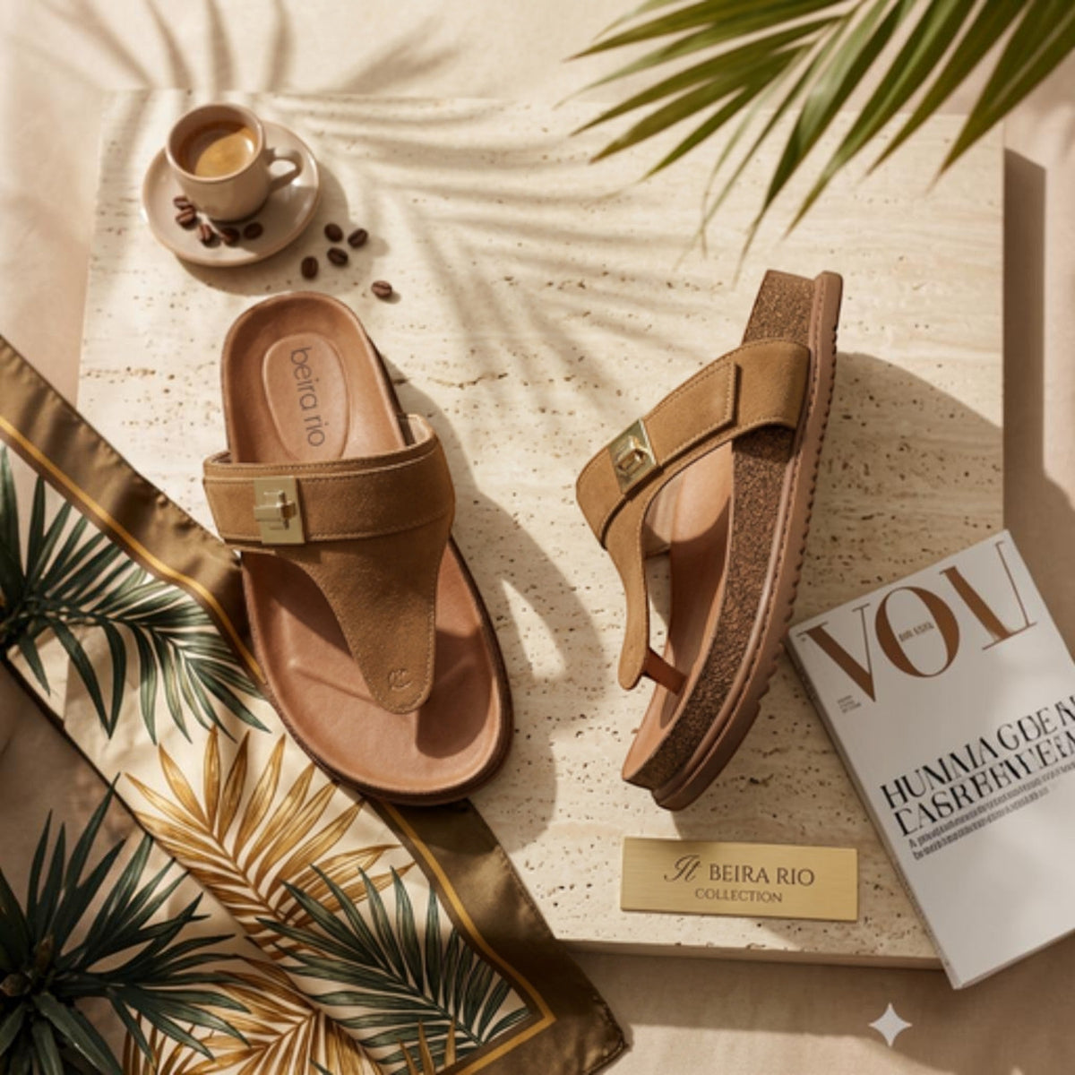 MOODBOARD Beira Rio tan synthetic papete sandals with cushioned footbed and adjustable strap on a stone surface.