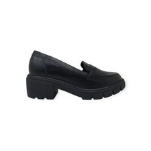 MOODBOARD black synthetic leather loafer with a chunky lug sole and block heel for a modern casual look.