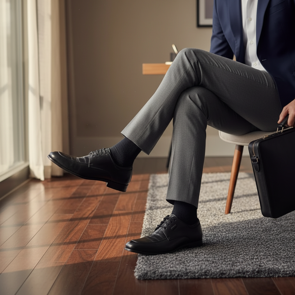 MOODBOARD black leather dress shoes worn by a man in a navy blazer and grey trousers in a professional office setting.