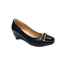 MOODBOARD black leather wedge pumps with a patent toe cap and decorative gold-tone chain detail