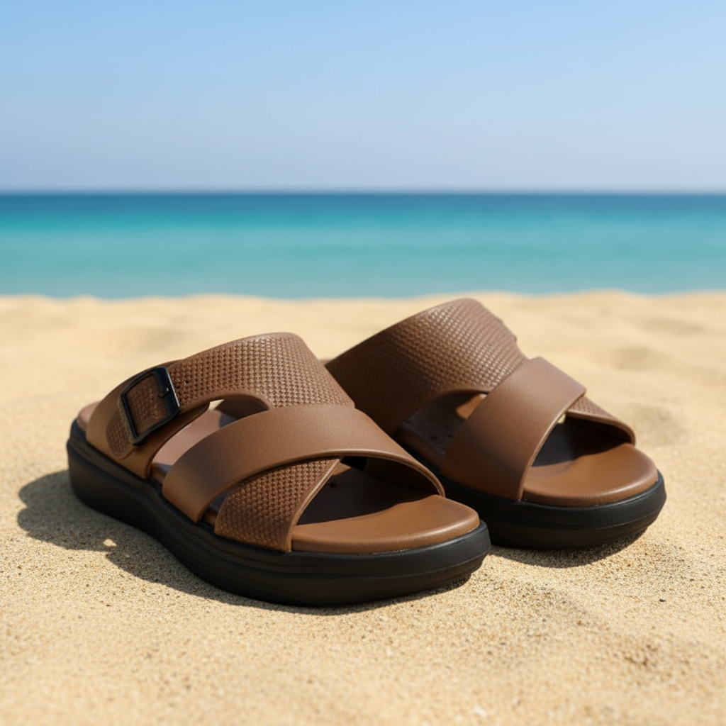MOODBOARD Santa Barbara Polo & Racquet Club brown textured slide sandals with buckle on a sandy beach