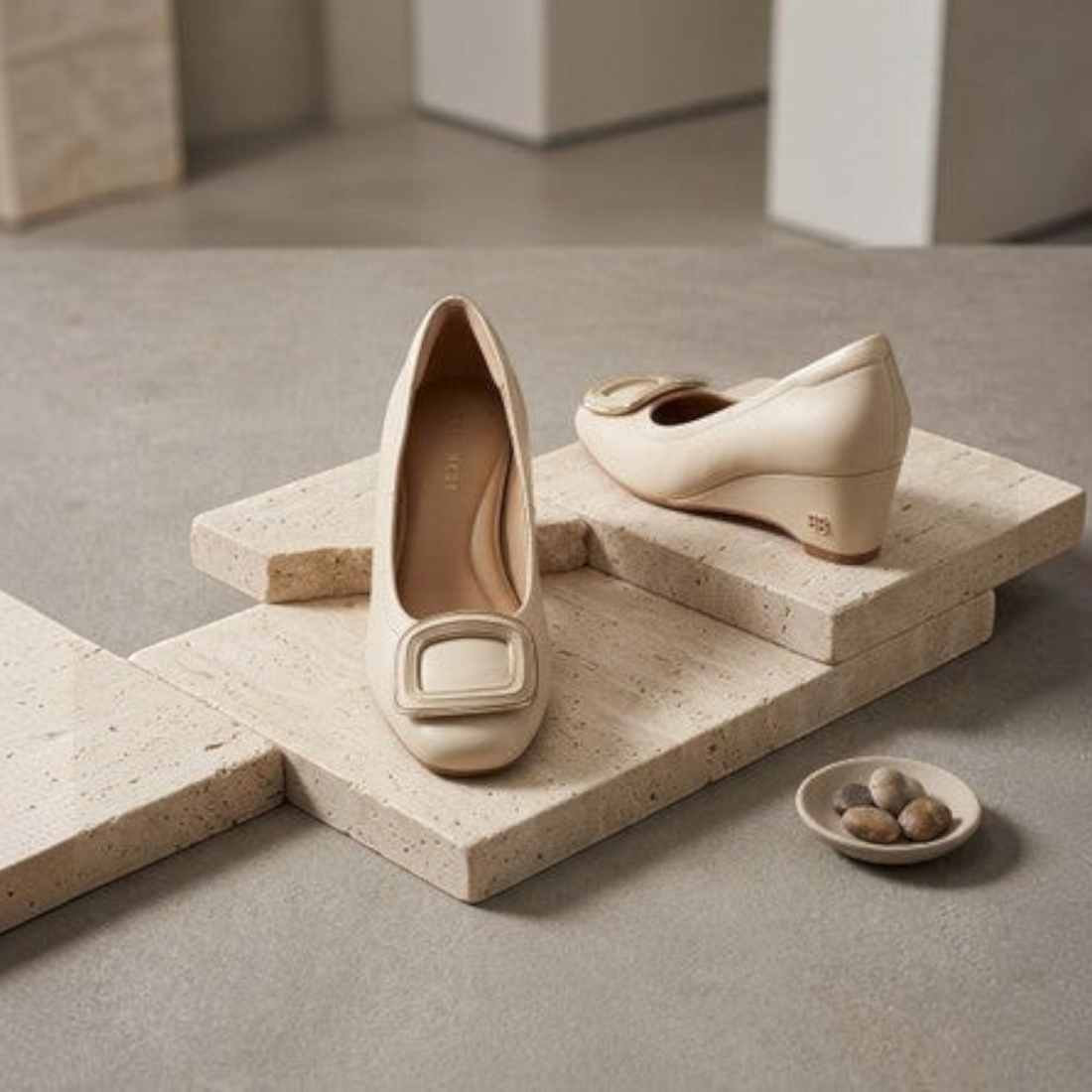 MOODBOARD Everbest beige leather wedge pumps with a decorative buckle, displayed on stacked travertine stone tiles.