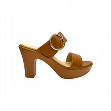 MOODBOARD EVERBEST tan faux leather platform sandals with a block heel and large gold-tone buckle detail.