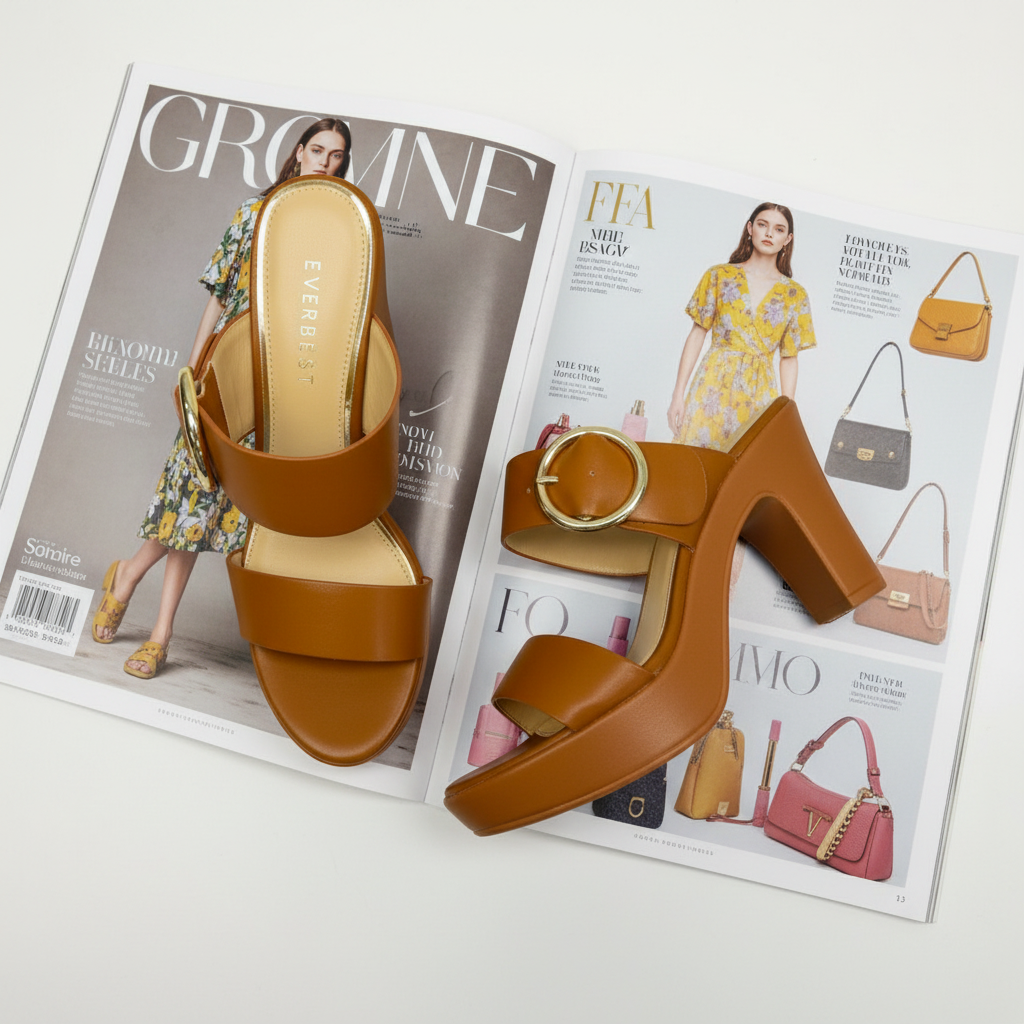 MOODBOARD EVERBEST tan faux leather platform sandals with wide straps and a large gold-tone buckle on a block heel.