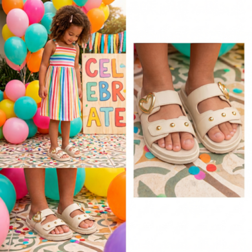 MOODBOARD Molekinha girls' off-white slide sandals with gold heart buckles and studs, worn at a festive party.