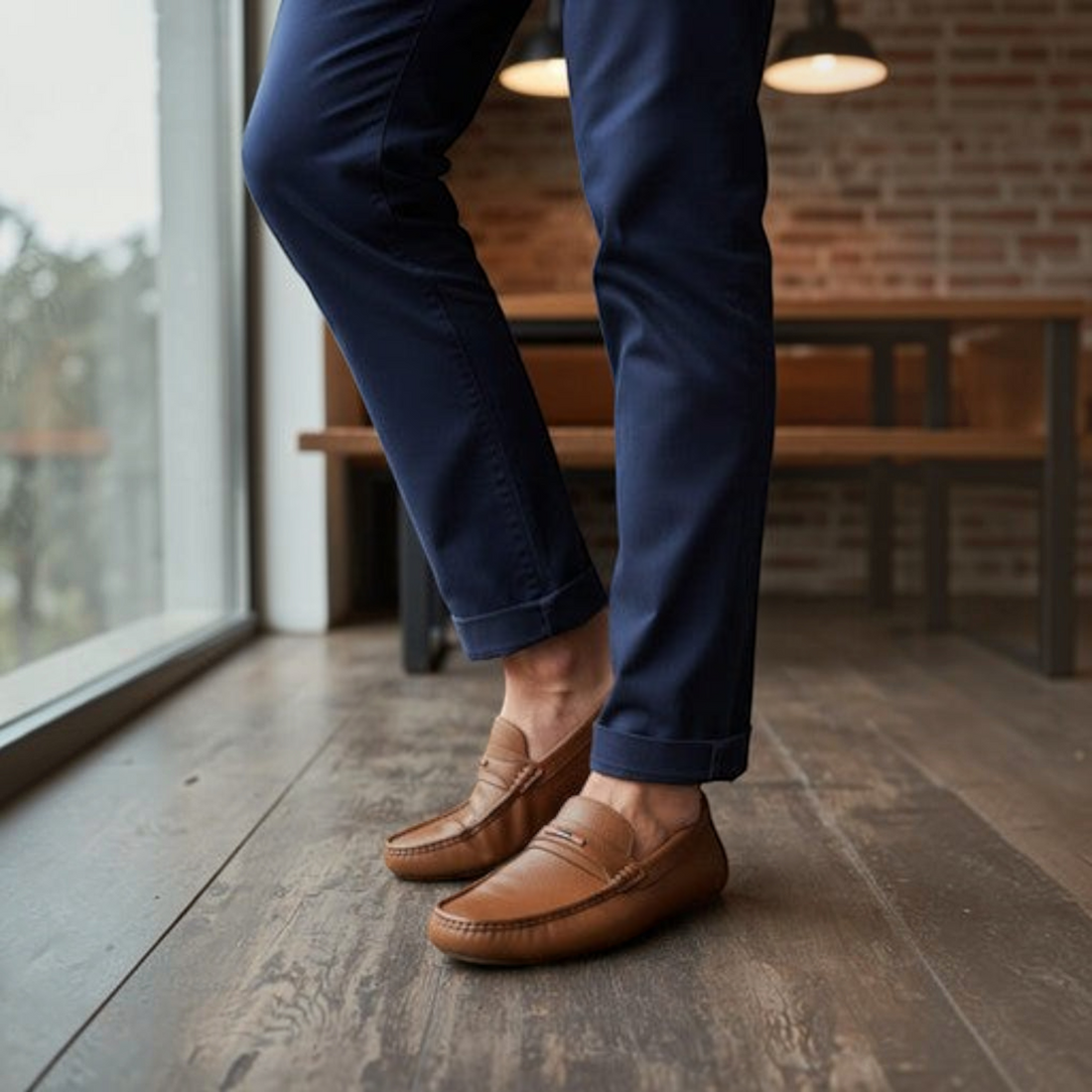 MOODBOARD Jaguar tan leather loafers worn with navy blue trousers in a modern indoor setting.