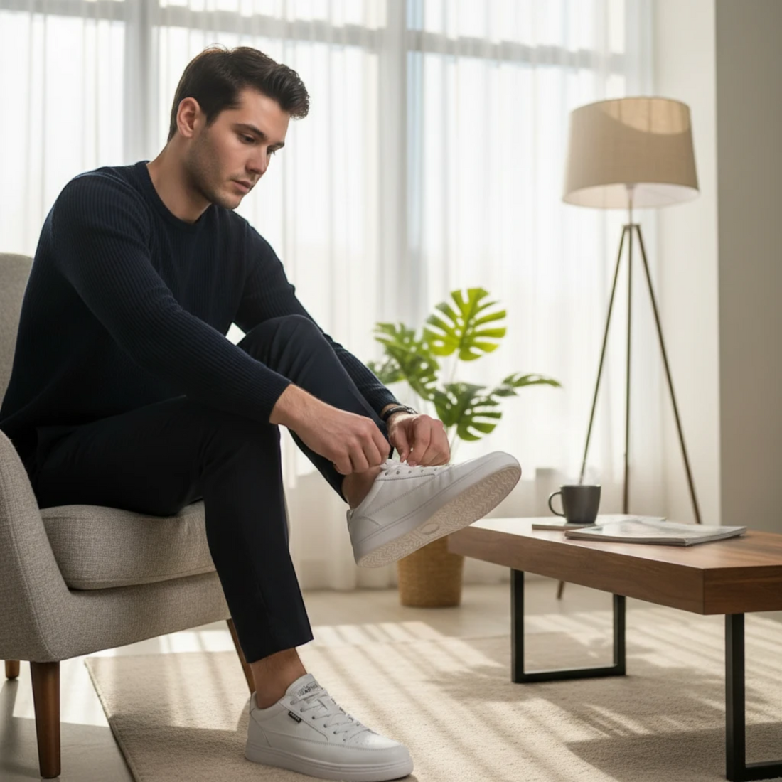 A man wearing MOODBOARD Jaguar white sneakers while sitting in a chair and tying his shoelaces in a bright room.