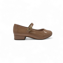 MOODBOARD kids Mary Jane shoe in glossy beige varnish with an adjustable buckle strap and low block heel.