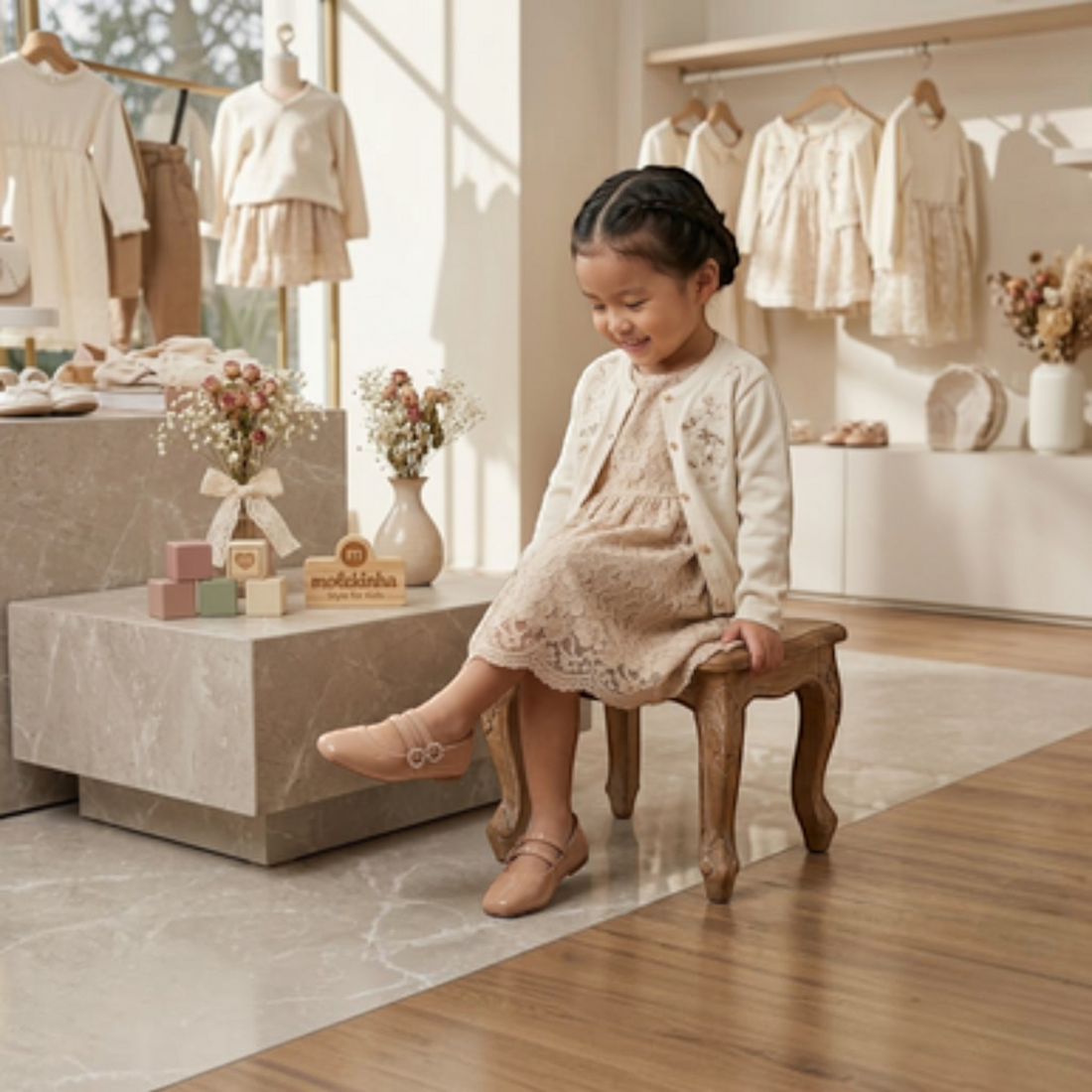 A young girl wearing MOODBOARD beige synthetic flats with rhinestone straps, sitting on a stool in a boutique.