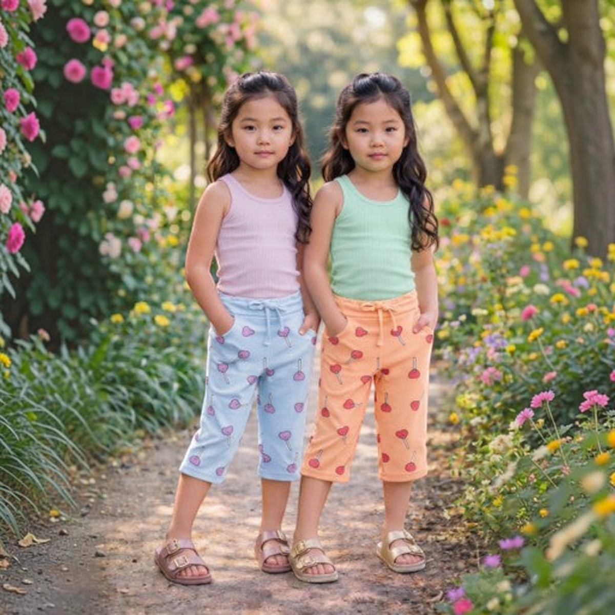 MOODBOARD girls wearing Molekinha slide sandals with woven straps in a garden setting