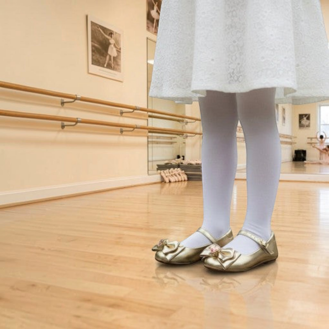 MOODBOARD Molekinha girls gold patent ballerina flats with bow detail worn with white tights in a dance studio