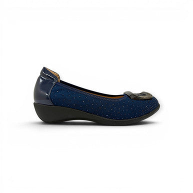 MOODBOARD navy blue leather pump with subtle dot pattern, low wedge heel, and decorative metallic buckle detail.