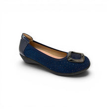 MOODBOARD navy blue leather pump with a decorative buckle and subtle rhinestone detailing on a low wedge heel.